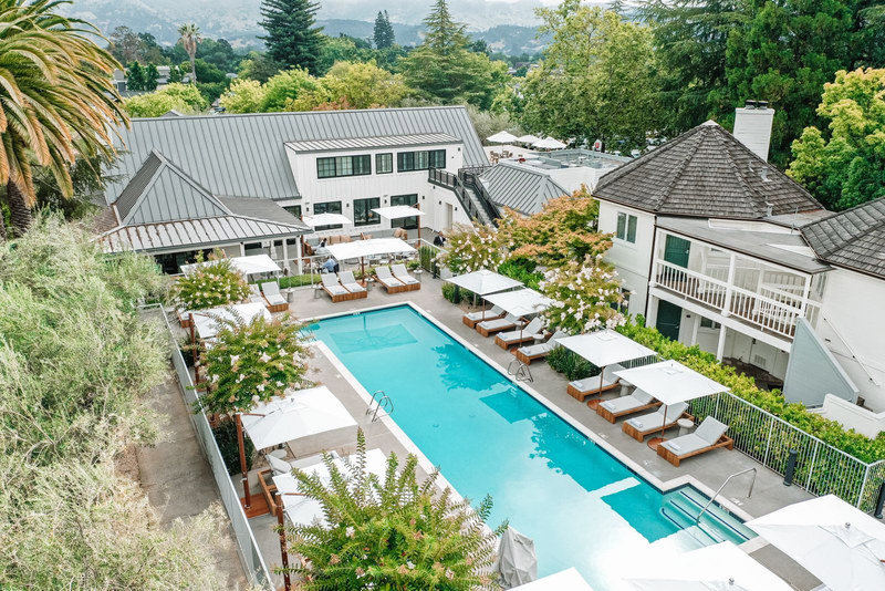 A lush pool surrounded by lounge chairs, greenery, and white buildings | Hotel Yountville