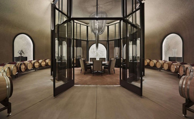 Luxurious wine barrel room at Davis Estates with elegant glass doors