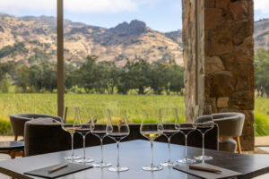 A table set with wine glasses overlooking a vineyard and mountain landscape.