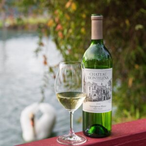 Chateau Montelena wine with a swan in the background.