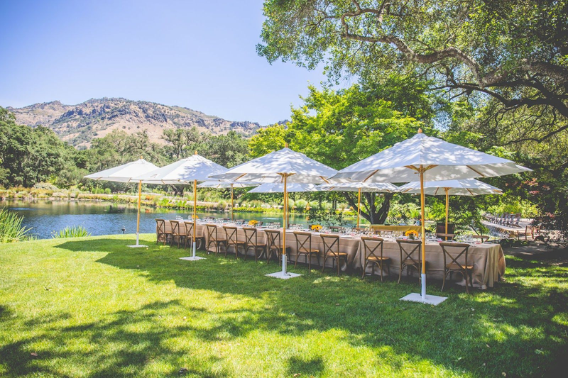 Elegant outdoor dining setup with umbrellas by a scenic lake and mountain backdrop.