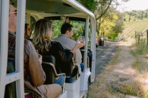 Group enjoying a scenic vineyard tour on an open-air vehicle.